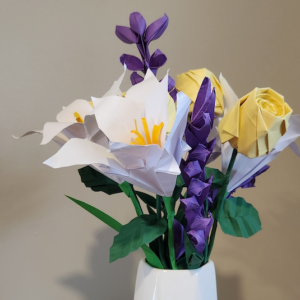 Origami bouquet for sale with lily, lavender and rose
